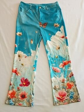 Happy Pants Flower Power Wide Leg Festival Pants Butterfly Floral Sky Pants Med